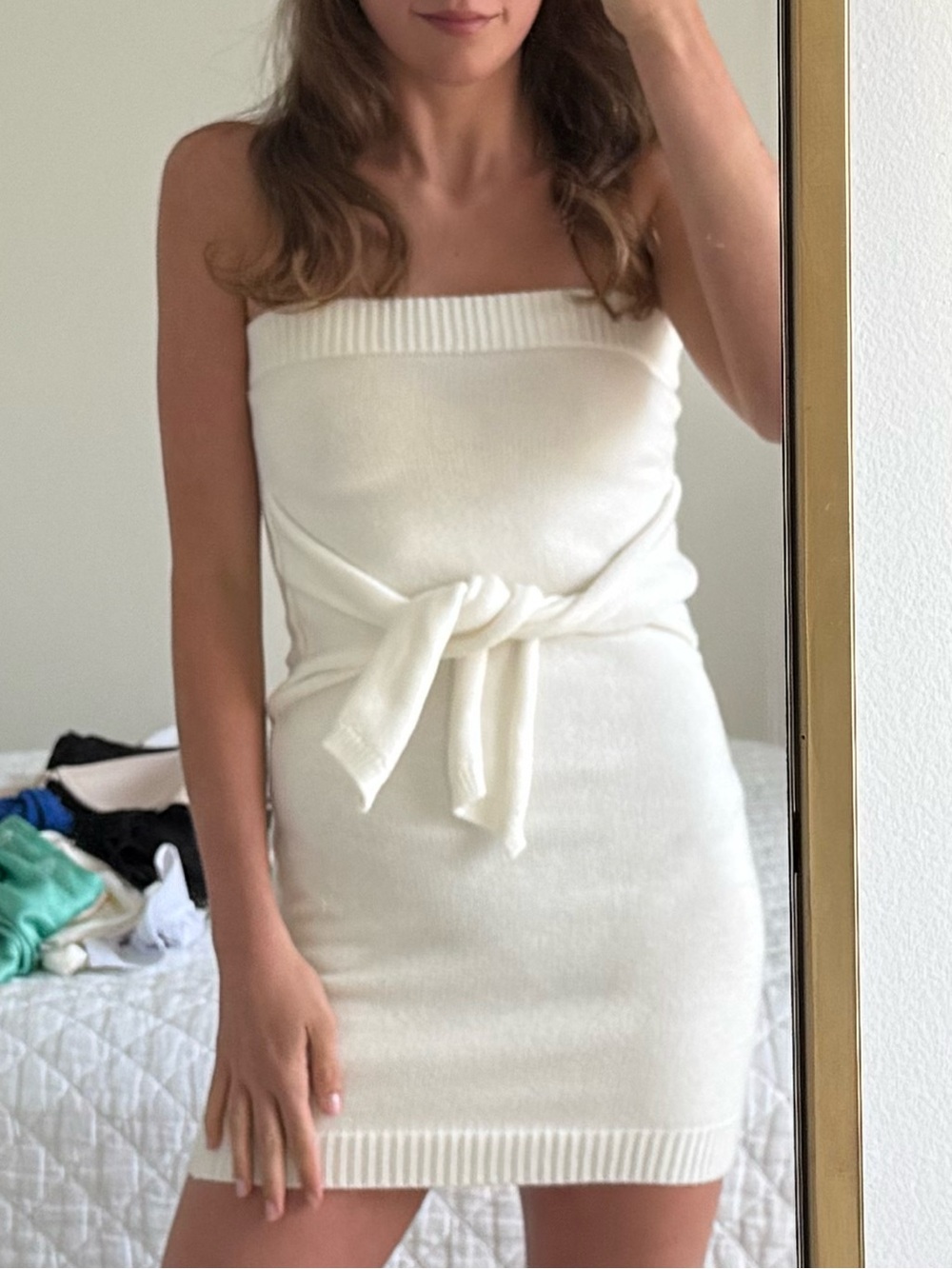 Strapless Tie-Waist Mini Dress in Cream